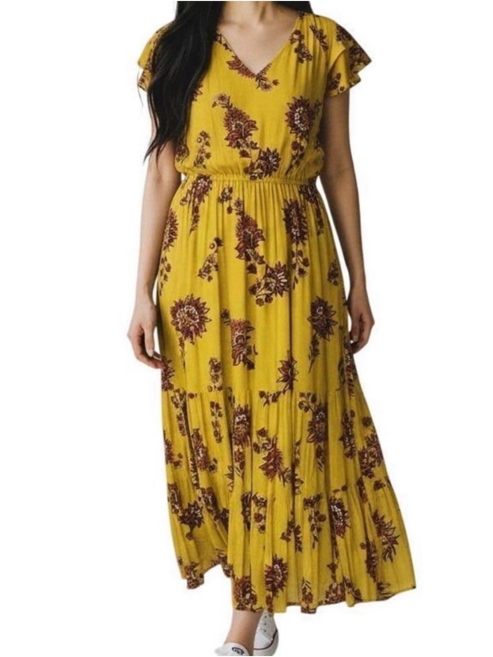Old Navy Yellow Floral V‑Neck Maxi Dress with Brown Print